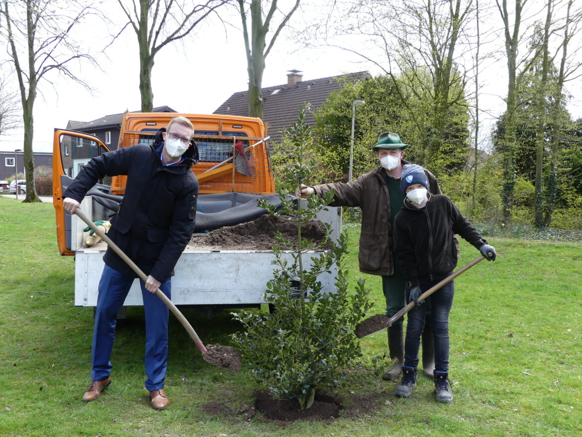 Griffen am Stockhover Weg zu Schaufel und Spate, um die Stechpalme zu pflanzen: Bürgermeister Carsten Hövekamp (li.) und Förster Thomas Rövekamp von der Schutzgemeinschaft Deutscher Wald mit Sohn Jakob.Foto: Stadt Dülmen/Kannacher