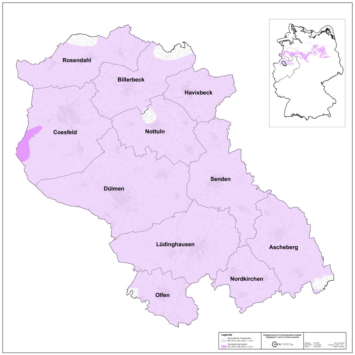 Im Kreis Coesfeld finden sich zwei Teilgebiete des Wirtgesteins Tongestein, die günstige geologische Voraussetzungen für ein Endlager für hochradioaktive Abfälle erwarten lassen. Sämtliche Städte und Gemeinden im Kreis Coesfeld sind betroffen.